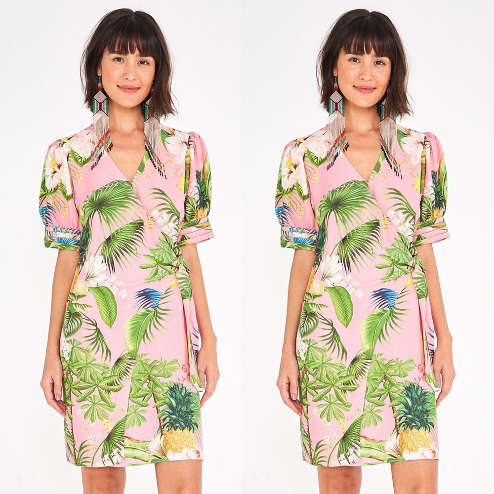 Farm Rio Small Bahia Wrap Dress Pink Floral Palms Mini